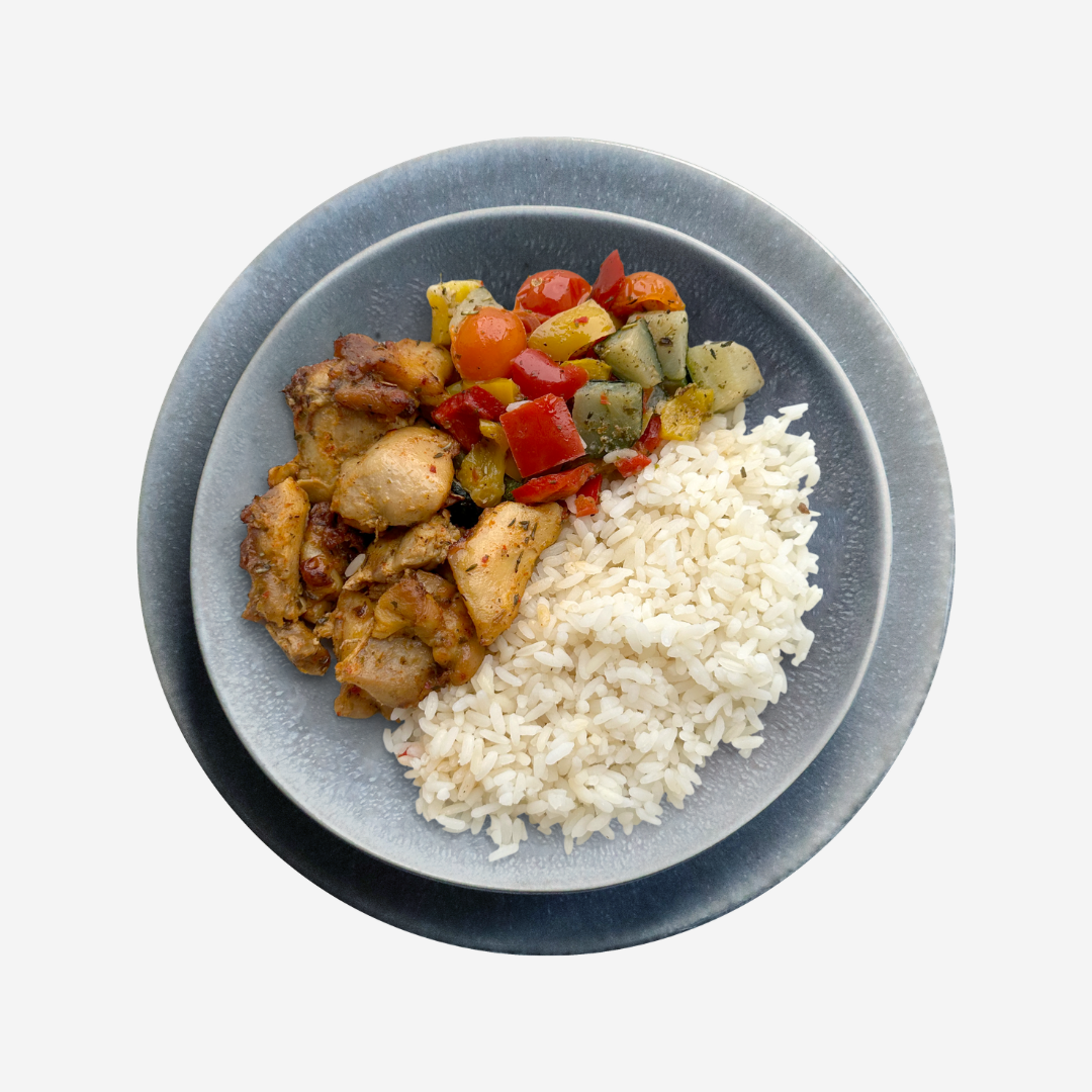 Gyrospfanne vom Huhn mit Gemüse und Reis